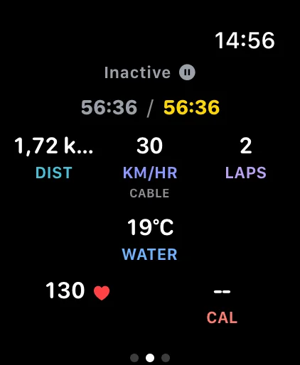 Apple Watch riding view: distance, cable speed, laps, water temperature and heart rate